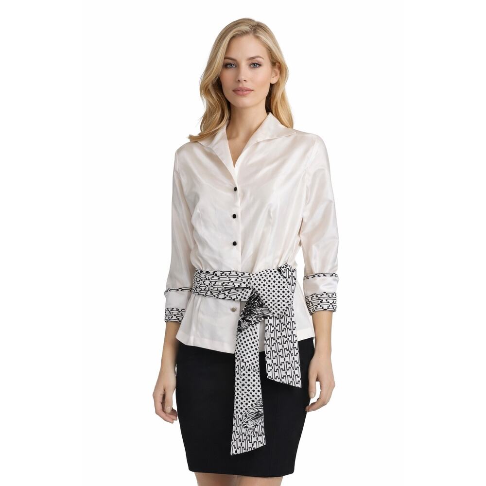 Marisa Baratelli 1990s Silk Blouse Black White Abstract Trim Size 12